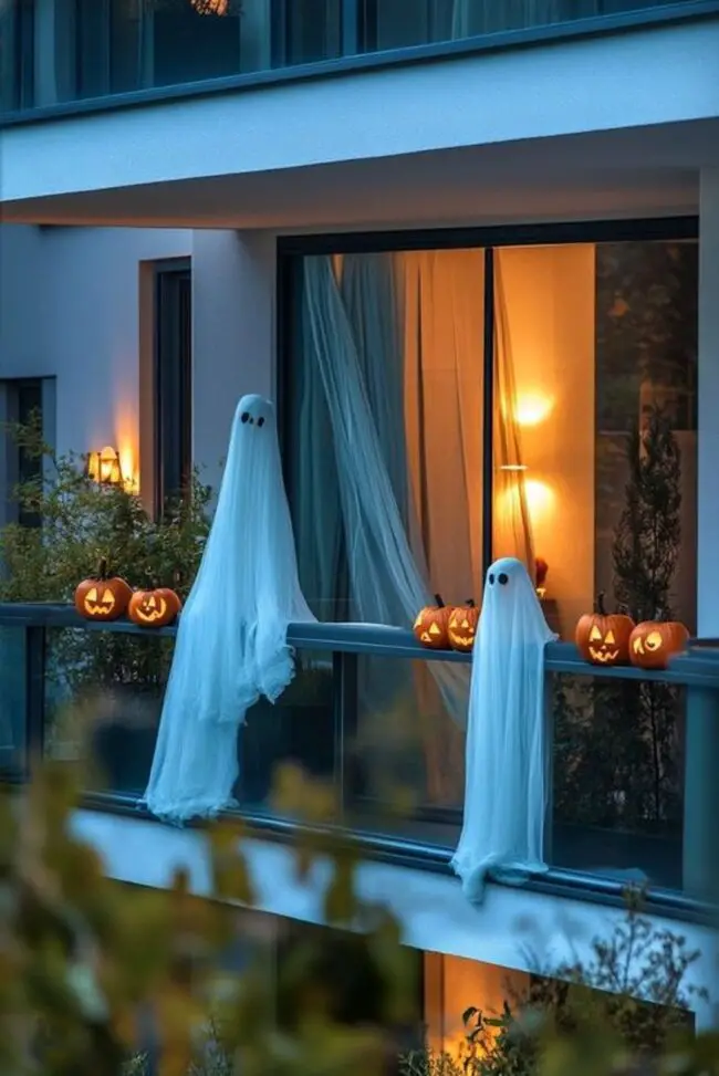 Eerie Pumpkin Display with Floating Spirits