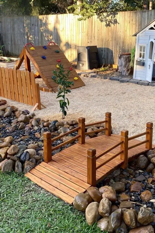 Rustic Wooden Bridge and Climbing Wall for Active Play