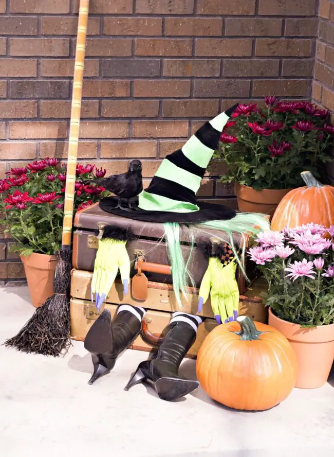 Whimsical Witch Hat and Broom Arrangement