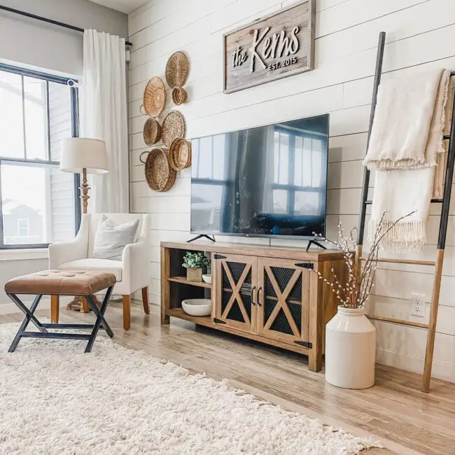 Cozy Farmhouse TV Room with Textural Appeal