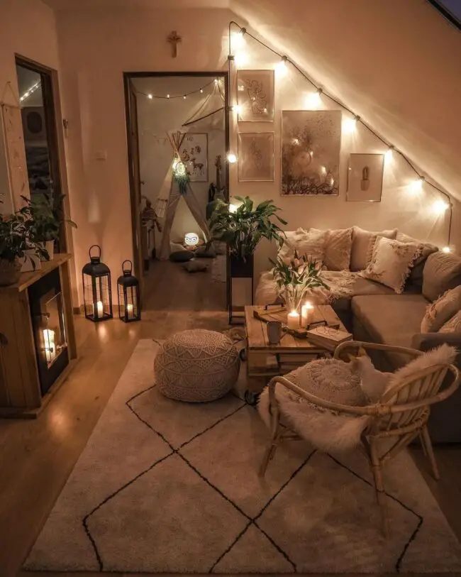 A Cozy, Inviting Nook with Soft Lighting and Natural Elements