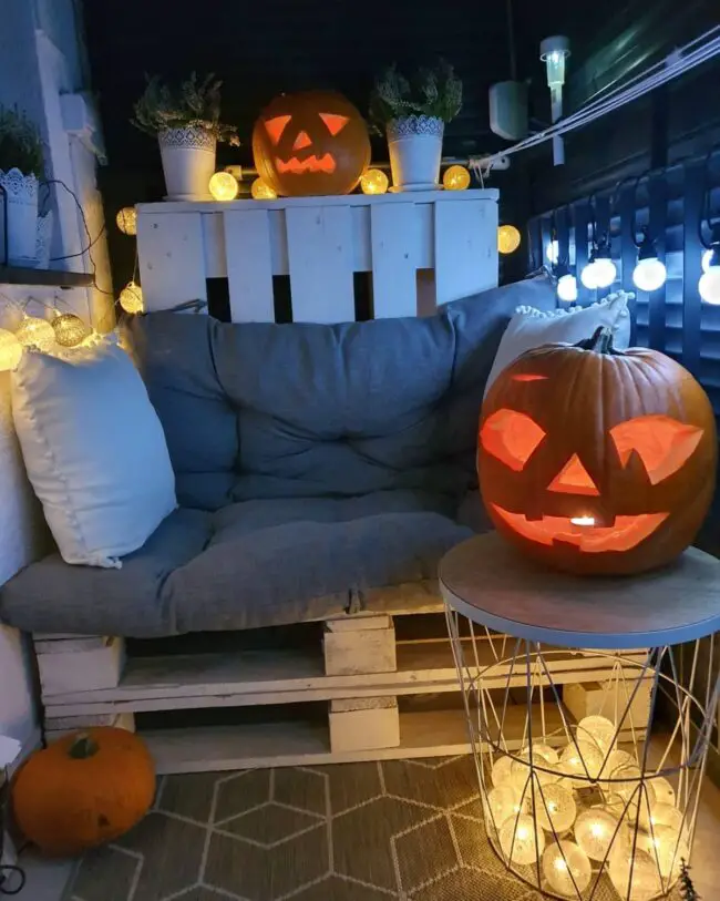 Pumpkin Lanterns Illuminating the Porch