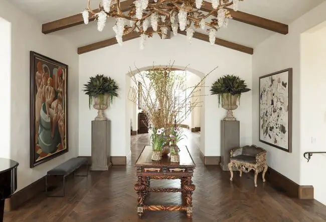 Eclectic Art in a Grand Rustic Foyer