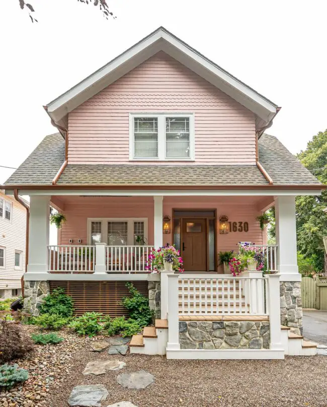 Pink Cottage with Stone Detailing