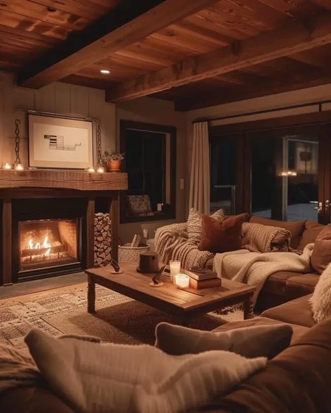 A Rustic, Cozy Living Room with a Fireplace Centerpiece