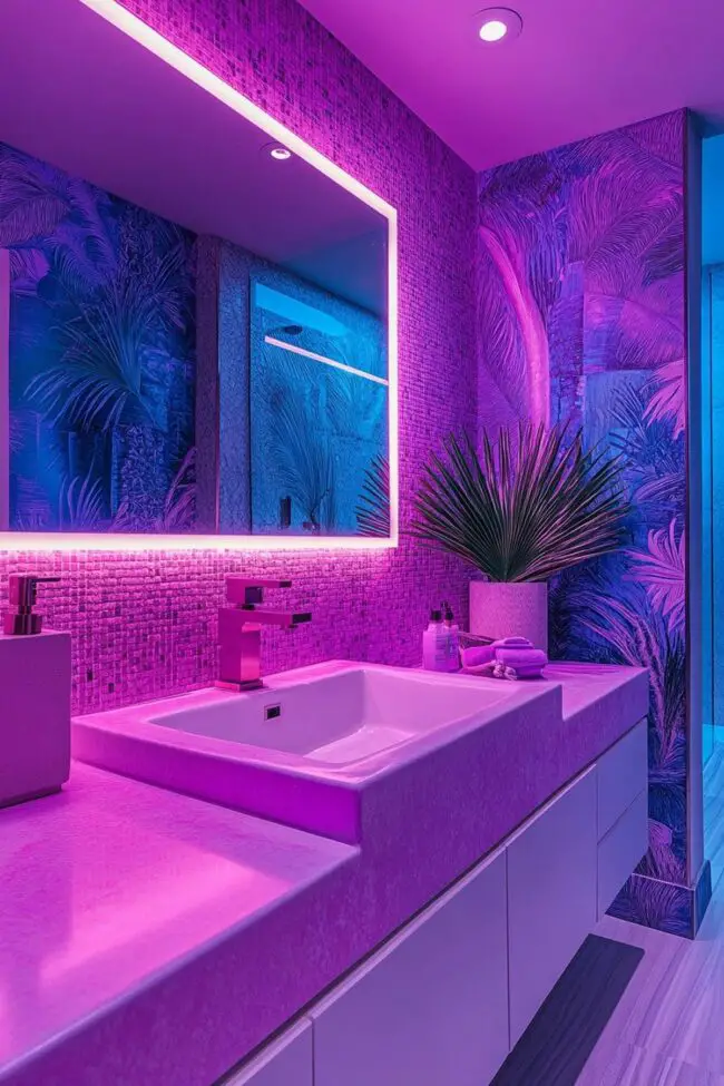 Bright Neon Details in Loft Bathroom