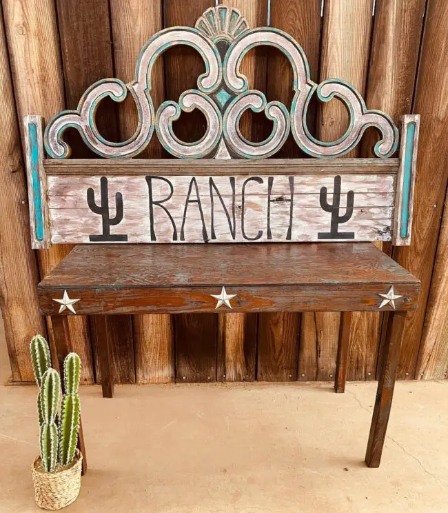 Rustic Ranch Bench with Cactus Decor