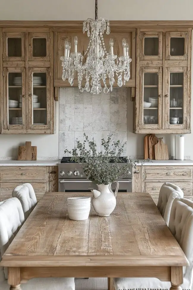 Weathered Wood and Crystal Chandelier Kitchen