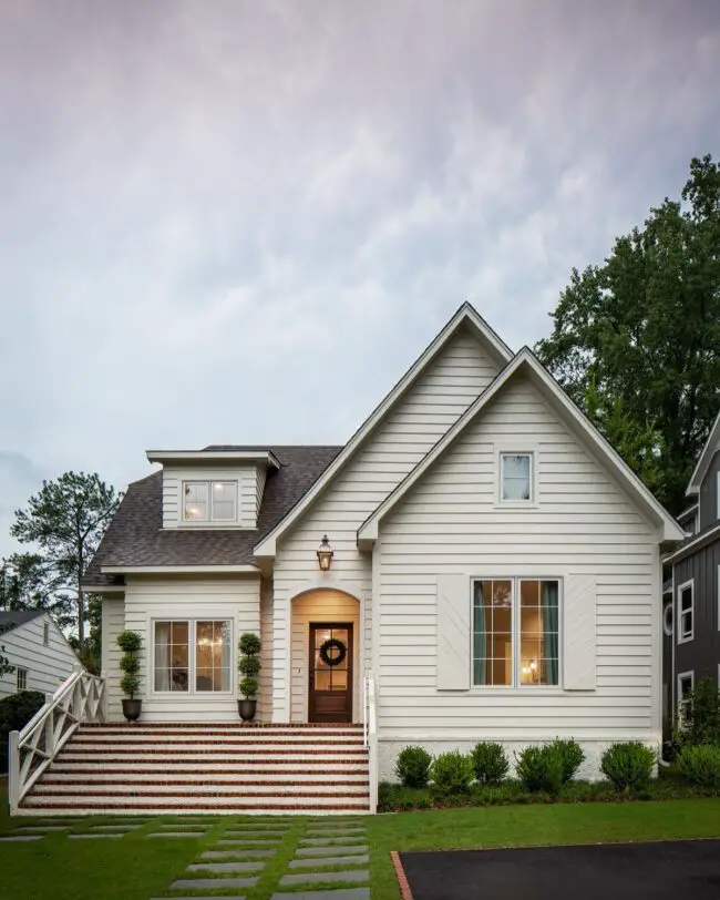 Traditional White House with Brick Steps