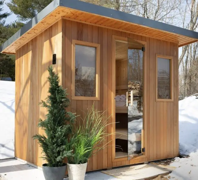 Wooden Sauna Cabin with a Snowy Retreat Feel