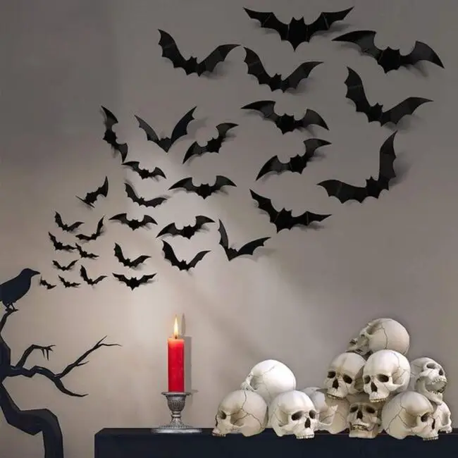 Bat Swarm Above Skulls Desk Decor