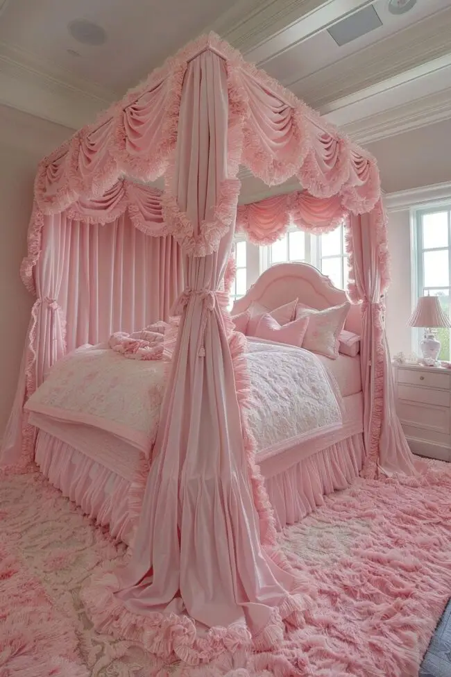 Charming Pink Ruffle Bed Canopy