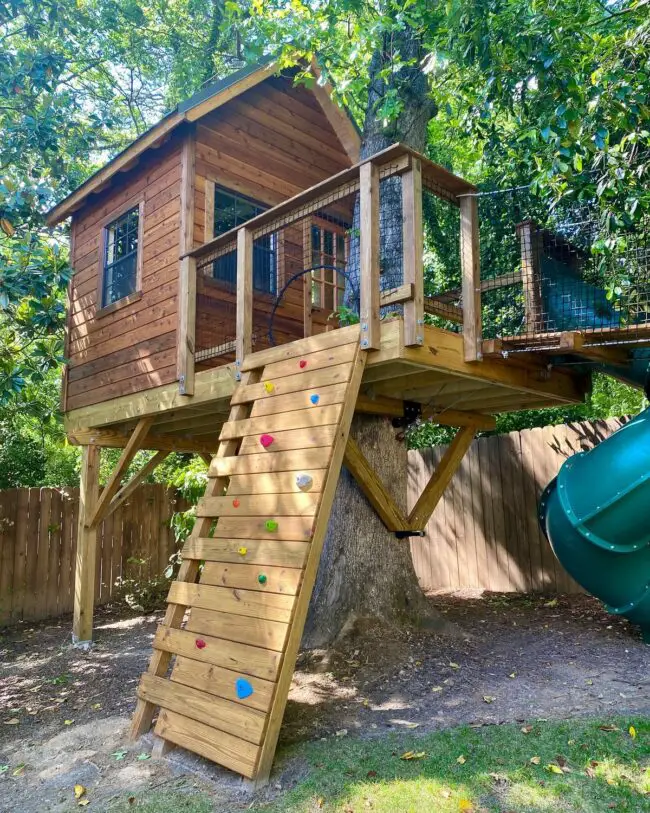 Treehouse Equipped with a Climbing Wall