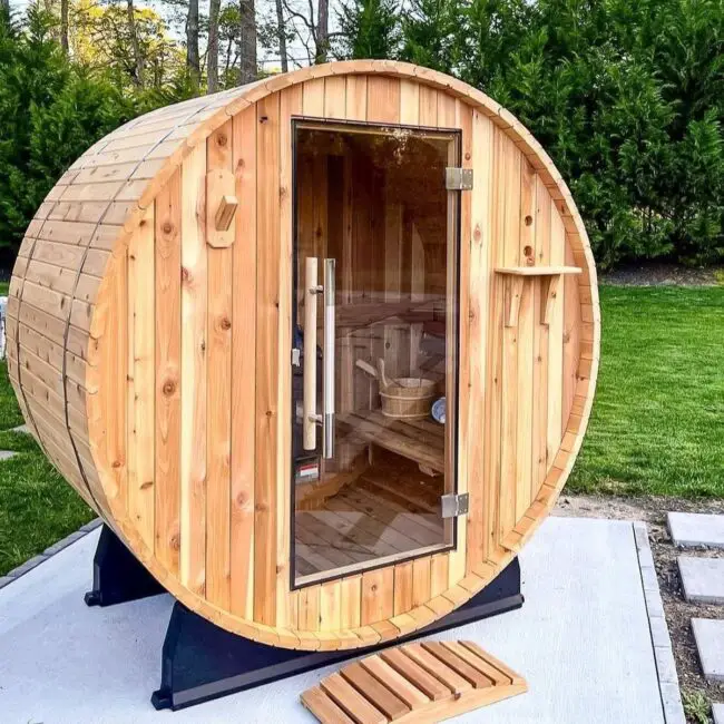 Rustic Barrel Sauna with Timeless Charm