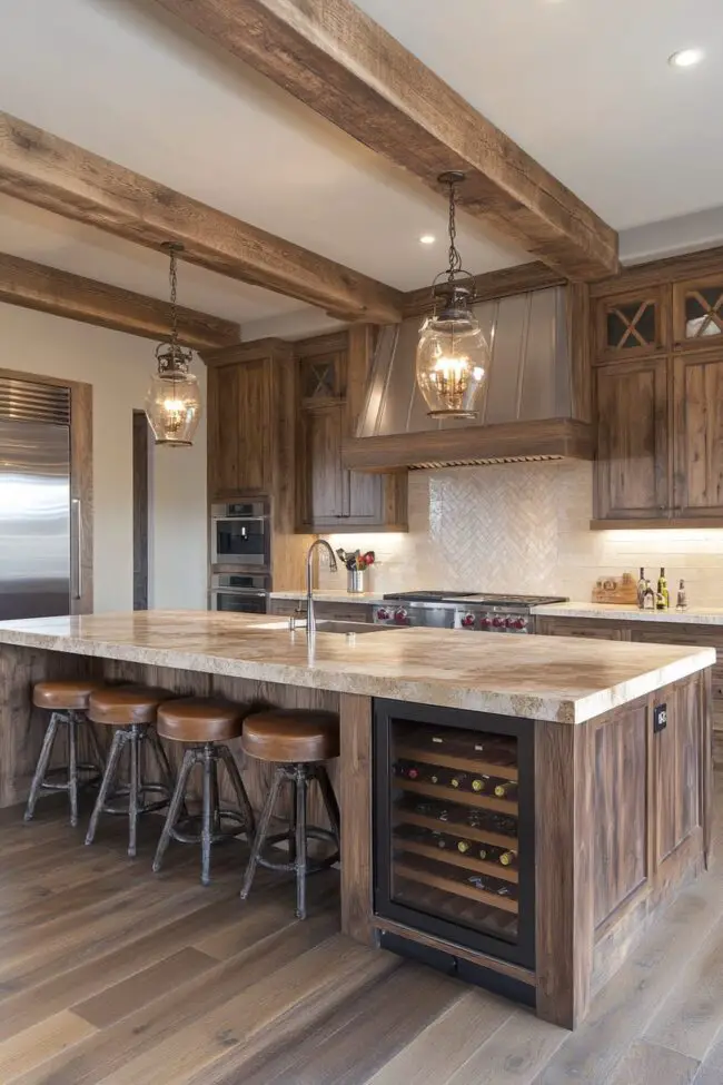 Rustic Wooden Beams with Stone Countertop