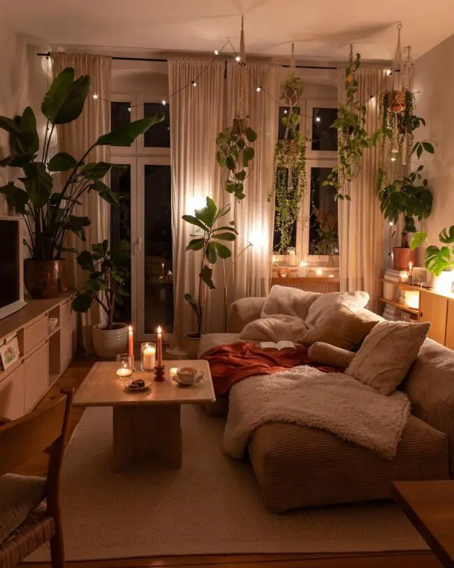 Cozy Indoor Jungle Living with Ambient Lighting